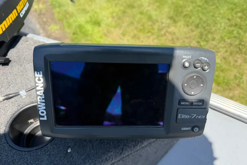 Slide: The Image of Lowrance Elite-7 HDI fishfinder on 2013 Lund 1600 Fury Tiller boat deck. - 11