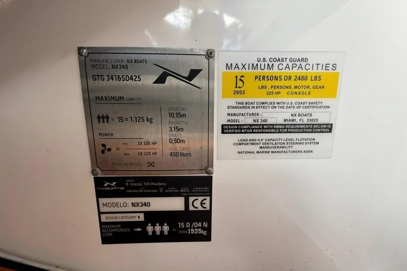 Slide: The Image of 2025 NX Boats 340 Sport Coupe capacity and specifications plate. - 48