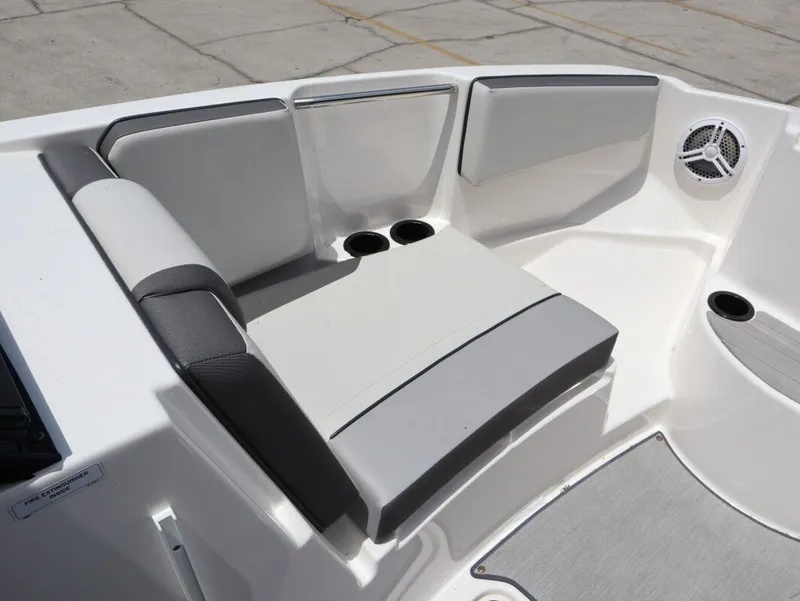 Slide: The Image of Interior of Yamaha AR220 boat, 2023 model, featuring gray upholstery. - 13
