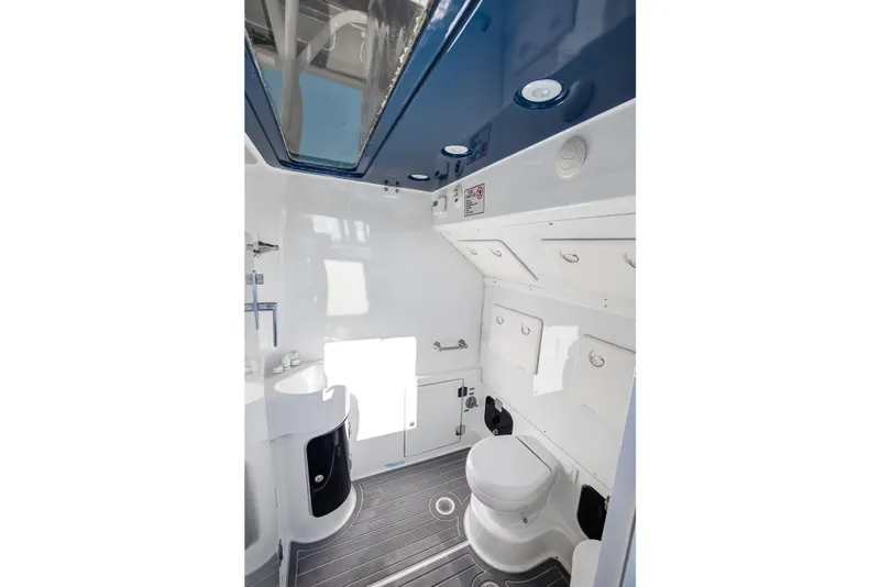 Slide: The Image of Modern bathroom interior on 2018 Hann 53 boat, featuring sleek design and fixtures. - 19