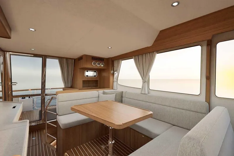 Slide: The Image of Interior of 2027 Targa TARGA 37 yacht with modern wood and fabric design. - 7