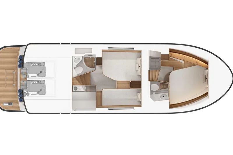 Slide: The Image of 2027 Targa TARGA 37 yacht floor plan, featuring cabins, bathrooms, and engine layout. - 17