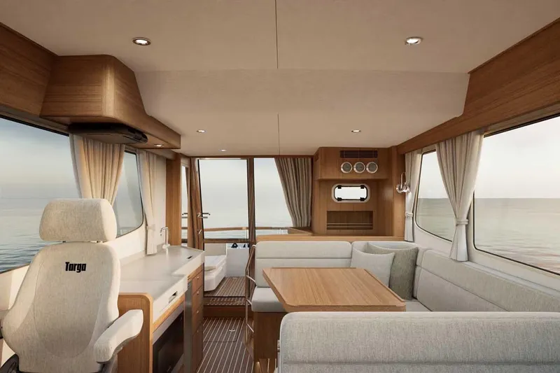 Slide: The Image of Luxurious interior of 2027 Targa TARGA 37 yacht with modern seating and panoramic windows. - 6