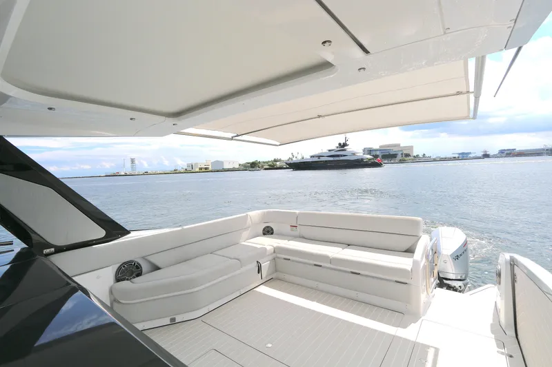 Slide: The Image of Luxurious 2023 Azimut Verve 47 yacht with spacious deck and waterfront view. - 16