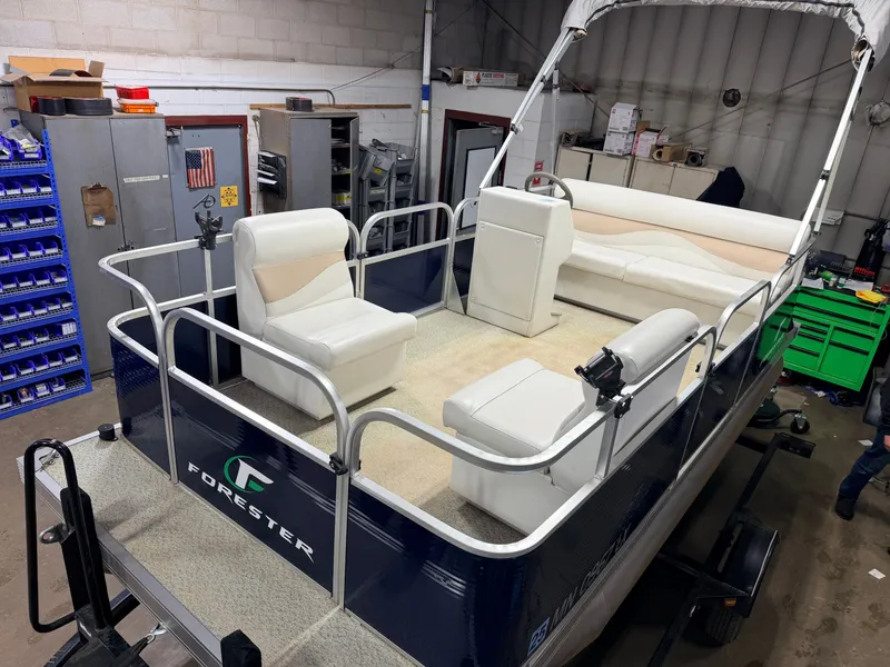 The Image of 2019 Forester 14' pontoon in warehouse, interior view. - 1