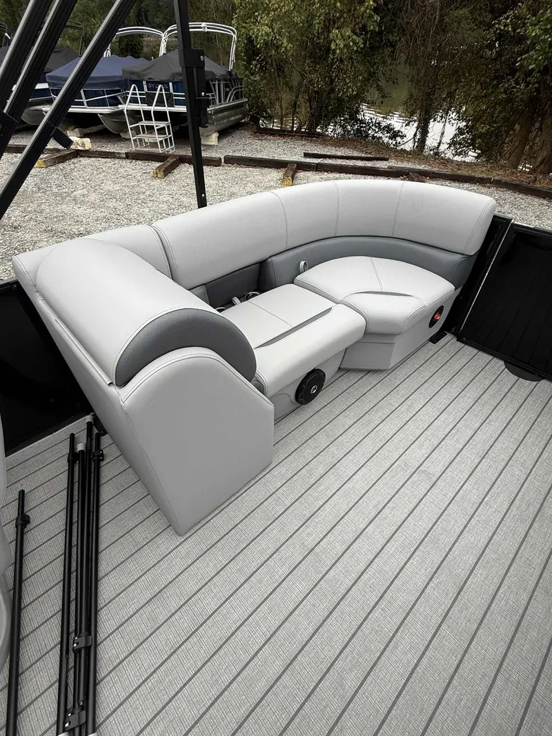 Slide: The Image of Interior of 2026 Bentley Pontoons Legacy 223 Navigator with gray upholstery. - 18