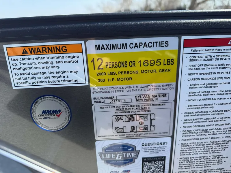 Slide: The Image of Sylvan L-3 LZ DH 2026 boat capacity: 12 persons or 1695 lbs. - 17