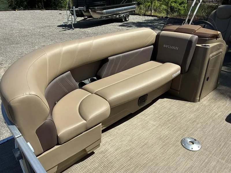 Slide: The Image of 2025 Sylvan Mirage 8522 Party Fish pontoon boat seating area. - 14