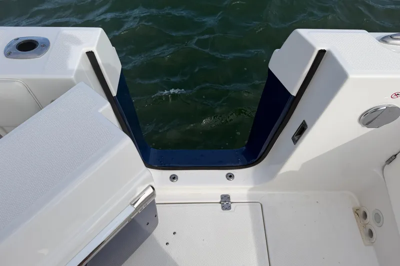 Slide: The Image of 2021 Edgewater 262CC boat stern view with open transom door, overlooking water. - 51