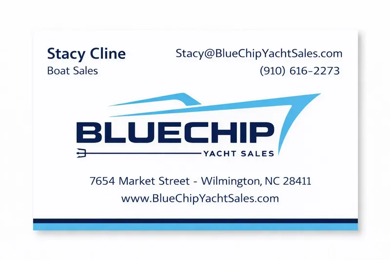 Slide: The Image of Business card for BlueChip Yacht Sales, featuring contact details and logo. - 63