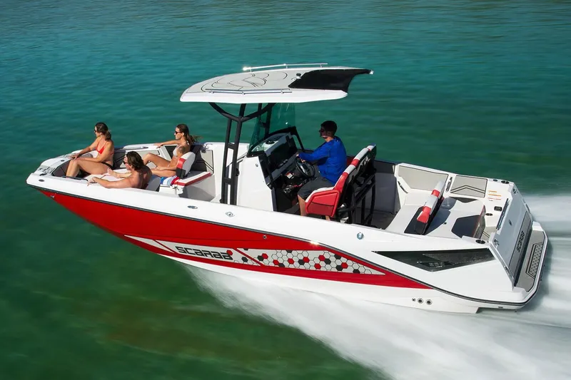 Slide: The Image of 2019 Scarab 255 Open ID boat cruising on water. - 16