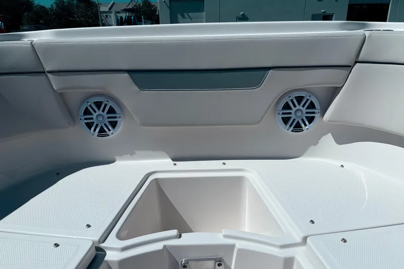 Slide: The Image of 2026 Sailfish 252 CC boat interior with speakers and storage compartment. - 17