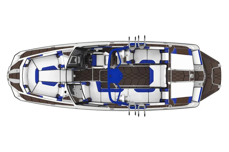 Slide: The Image of Manufacturer Provided Image: Top view of a 2020 Malibu M240 boat with blue and white interior. - 42