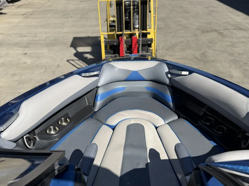 Slide: The Image of Interior of a 2017 Malibu Wakesetter 23 LSV boat, blue-gray upholstery. - 20