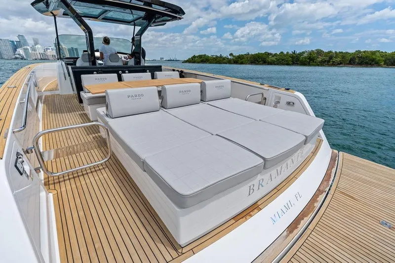 Slide: The Image of Luxury Pardo 43 yacht, 2021 model, with sunbathing area, cruising in Miami waters. - 17