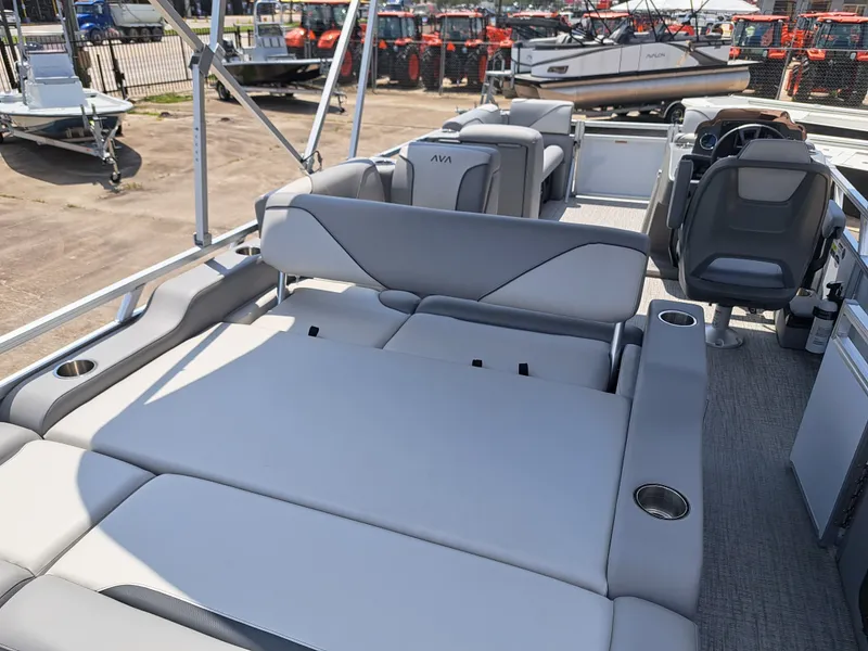 Slide: The Image of Interior of Avalon VNT VRB21 boat, 2026 model, featuring gray seating. - 7