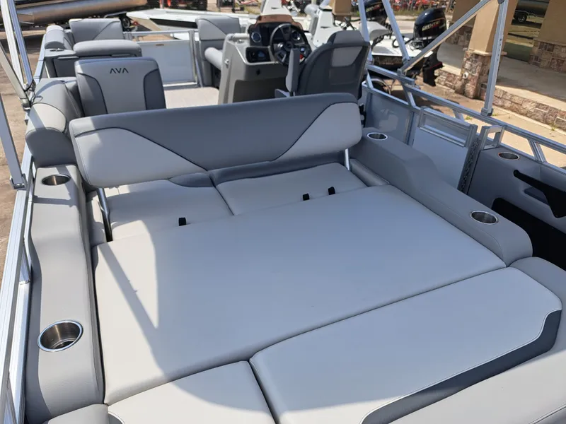 Slide: The Image of Interior of Avalon VNT VRB21 boat, luxurious gray upholstery, model year 2026. - 8