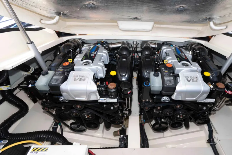 Slide: The Image of 2020 Chris-Craft Corsair 34 engine compartment with dual V8 engines. - 18