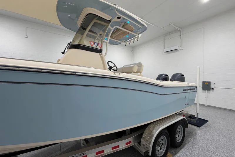 Slide: The Image of 2023 Grady-White Fisherman 257 boat on trailer in indoor storage. - 5