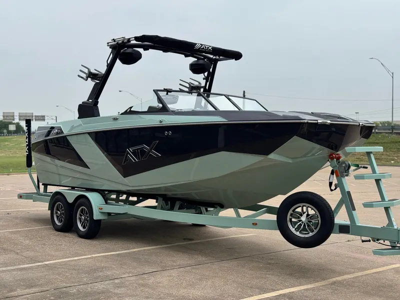 Slide: The Image of 2026 ATX Surf Boats 22 Type-S on trailer, side view. - 6