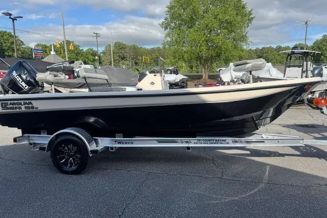 Slide: The Image of 2026 Carolina Skiff 192 JLS boat on trailer, parked outdoors. - 3