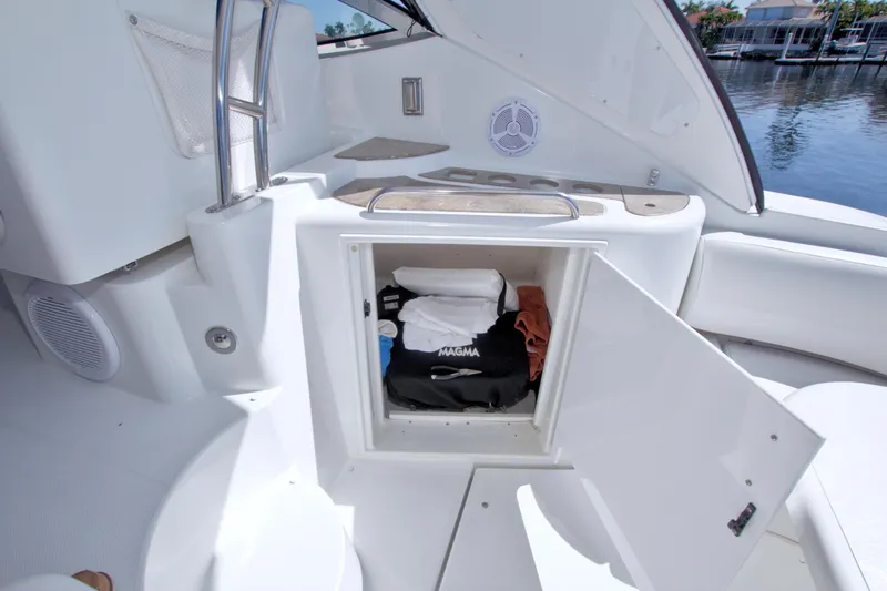 Slide: The Image of 2008 Cruisers Yachts 420 Express interior storage compartment with open door, revealing stored items. - 25