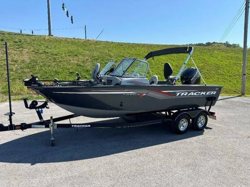 Slide: The Image of 2019 Tracker Targa V18 boat on trailer, side view. - 6