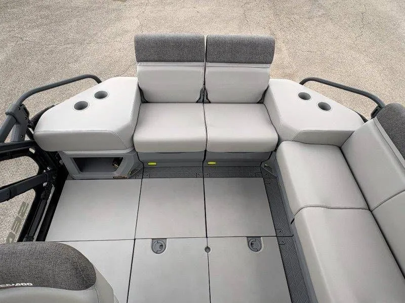 Slide: The Image of Interior of 2023 Sea-Doo Switch Cruise 21 with gray seating. - 21