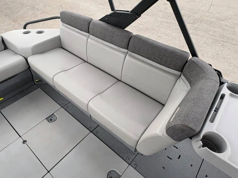Slide: The Image of 2023 Sea-Doo Switch Cruise 21 gray seating with cup holders. - 22