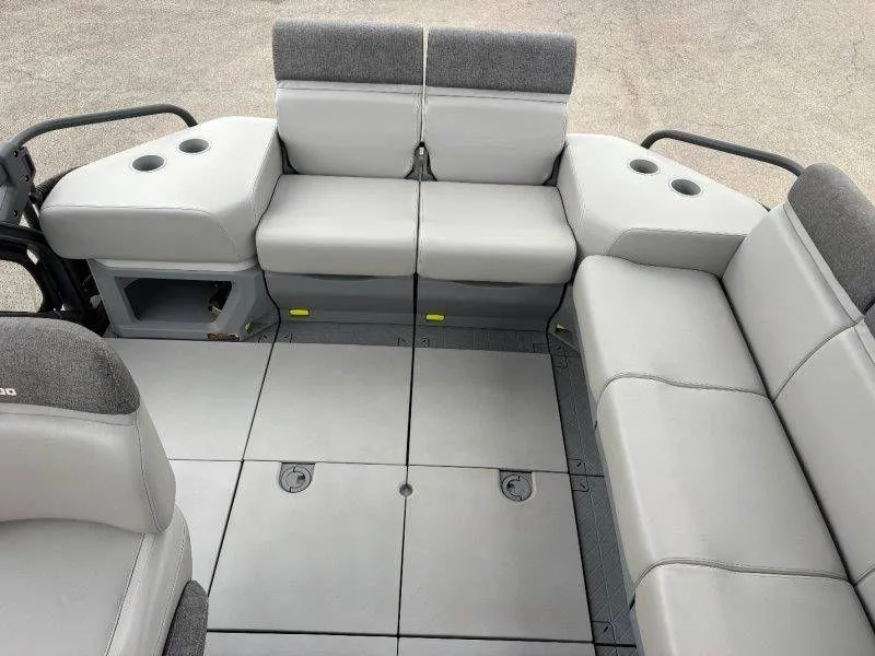 Slide: The Image of Interior of 2023 Sea-Doo Switch Cruise 21 with gray seating. - 23