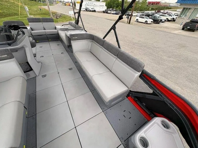 Slide: The Image of Interior of 2023 Sea-Doo Switch Cruise 21 with gray seating. - 25