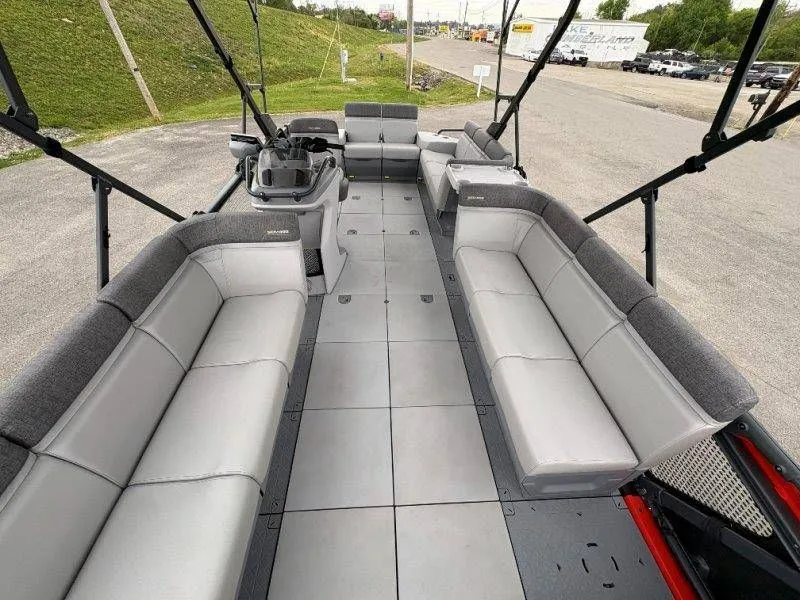 Slide: The Image of Interior of 2023 Sea-Doo Switch Cruise 21 with gray seating. - 26