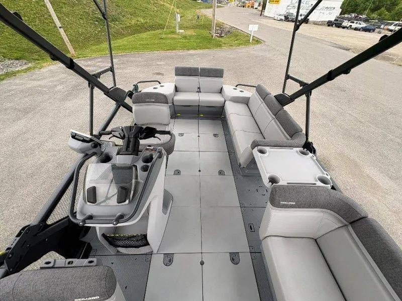 Slide: The Image of Interior of 2023 Sea-Doo Switch Cruise 21 with gray seating. - 31