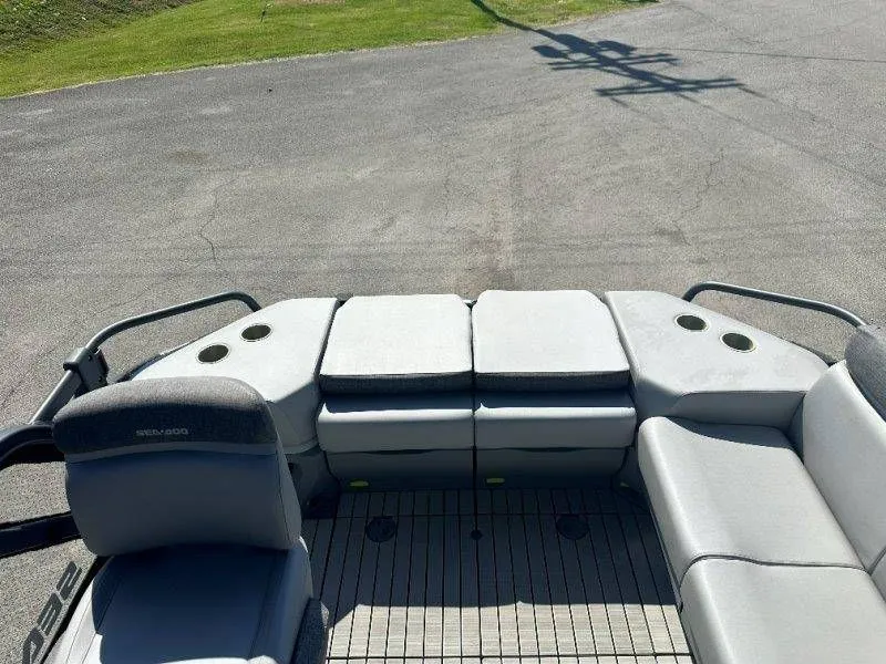 Slide: The Image of Interior of 2022 Sea-Doo Switch Cruise 18 with gray seating. - 16