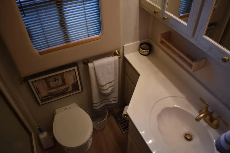 Slide: The Image of Bathroom interior of 1996 Stardust Cruisers houseboat, featuring sink, toilet, and decor. - 16
