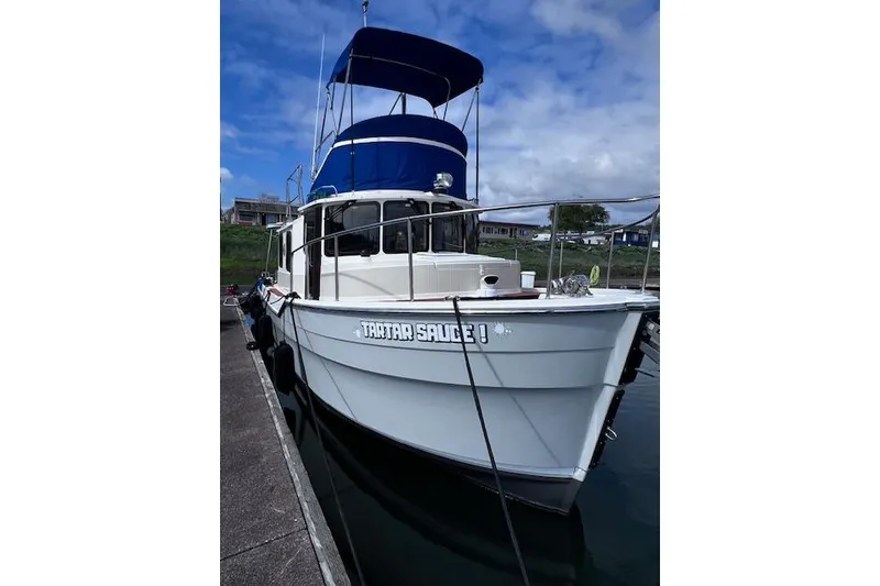 Slide: The Image of 2021 Ranger Tugs R-31 CB boat docked with blue canopy under a cloudy sky. - 3