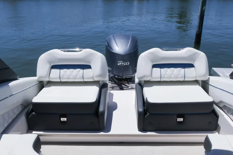 Slide: The Image of 2020 Regal LX4 boat with dual seating and Yamaha 250 engine on calm water. - 13