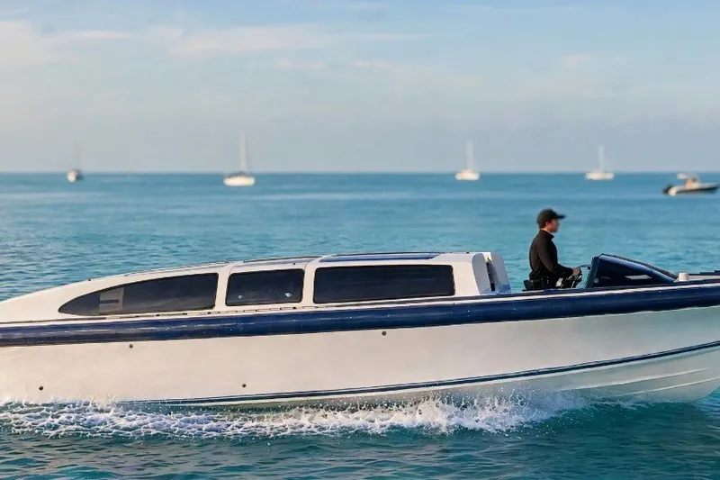 The Image of 2008 Goetz Custom Boats 33' Limo Tender cruising on calm blue waters. - 1