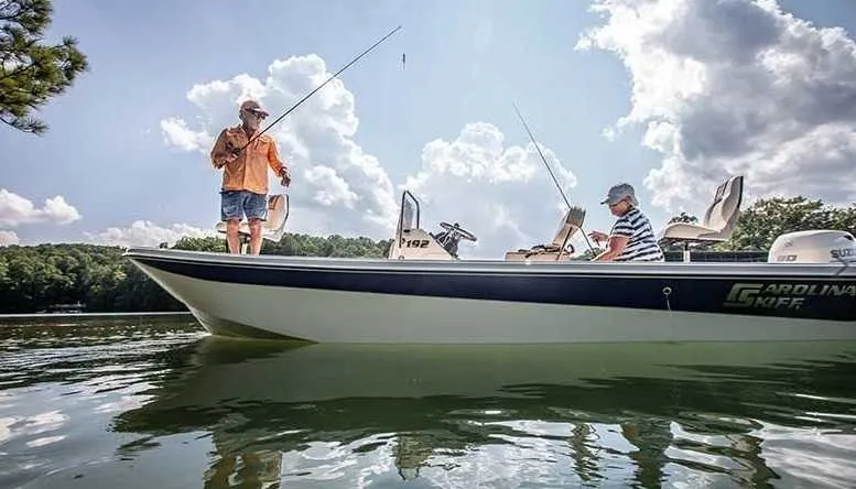 The Image of Two people fishing on a 2026 Carolina Skiff 192 JLS-CC boat. - 1