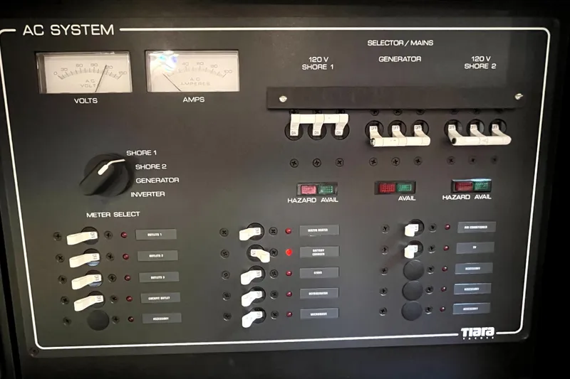 Slide: The Image of Electrical panel of a 1999 Tiara Yachts 3500 Open, featuring AC system controls and meters. - 48