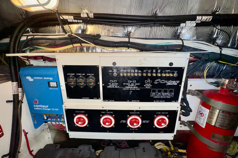 Slide: The Image of Electrical control panel of a 2012 Cruisers Yachts 430 Sports Coupe with battery charger and fire extinguisher. - 22
