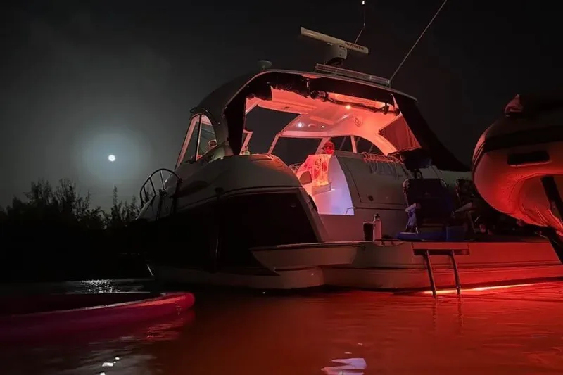 Slide: The Image of 2012 Cruisers Yachts 430 Sports Coupe illuminated at night on calm water. - 28