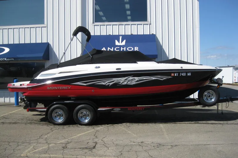 Slide: The Image of 2014 Monterey M3 Sport Boat on trailer, parked outside a dealership. - 3