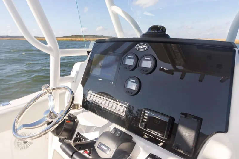 Slide: The Image of Manufacturer Provided Image: 2021 Sea Fox 268 Commander boat dashboard with steering wheel and navigation instruments. - 19