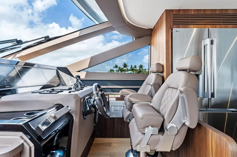Slide: The Image of Luxurious interior of 2024 Aquitalia 78 Fly yacht with modern helm and leather seats. - 22