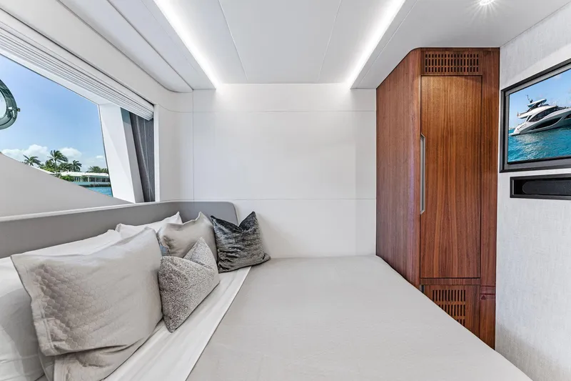Slide: The Image of Luxurious bedroom interior of 2024 Aquitalia 78 Fly yacht with modern design and cozy bedding. - 39