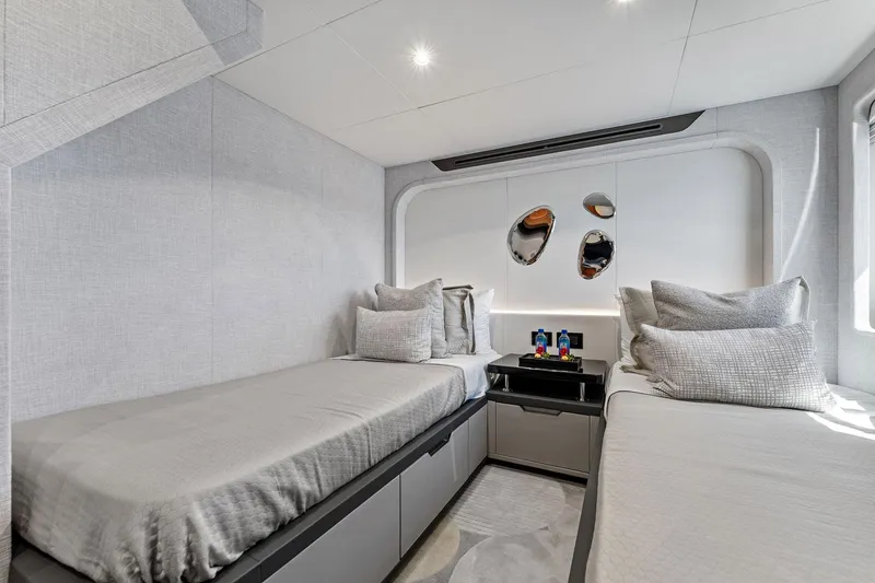 Slide: The Image of Luxurious 2024 Aquitalia 78 Fly yacht cabin with twin beds and modern decor. - 45