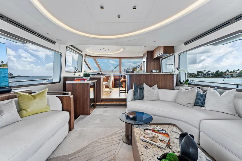 Slide: The Image of Luxurious interior of 2024 Aquitalia 78 Fly yacht with modern furnishings and panoramic windows. - 6