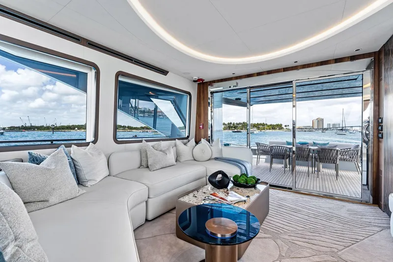 Slide: The Image of Luxurious interior of 2024 Aquitalia 78 Fly yacht with elegant seating and ocean view. - 8