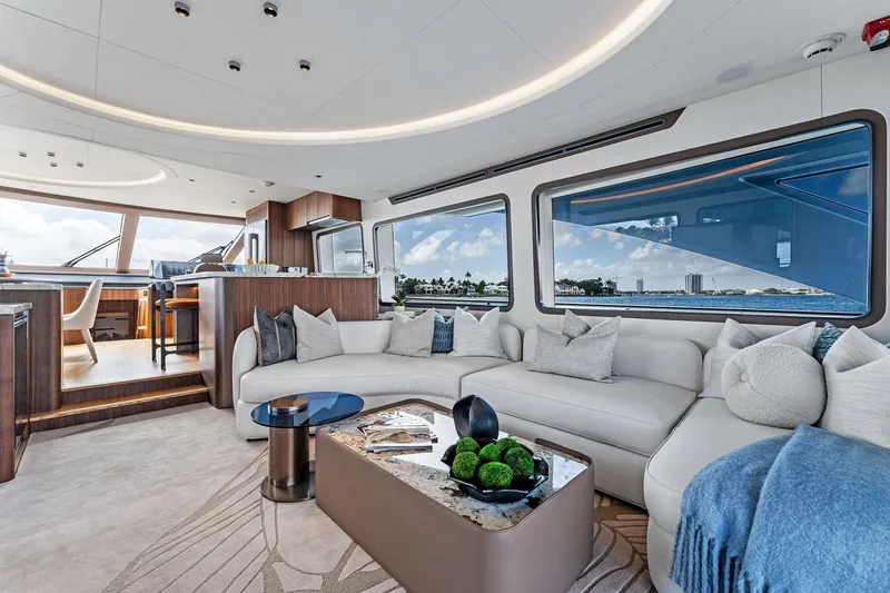 Slide: The Image of Luxurious interior of 2024 Aquitalia 78 Fly yacht with modern furnishings and large windows. - 9